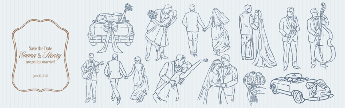 Vintage wedding couple clipart set.Whimsical crayon drawn doodle sketches with brides, grooms, musicians.Whimsical valentine elements with textured wax chalk ink outlines for save the date invitations