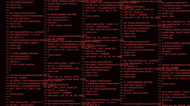 Programming code red glowing snippets drifting in dark digital space for software development tech background.
