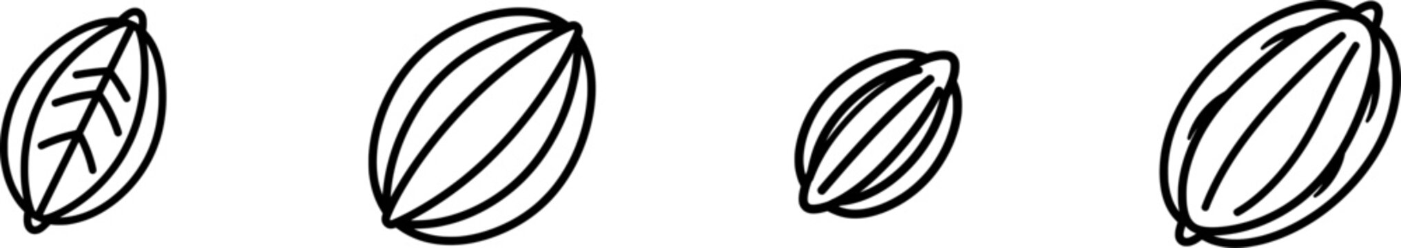 A minimalist black outline icon of a pecan nut is displayed on a pure white background, showcasing its uniform thickness and clean design in a flat vector style