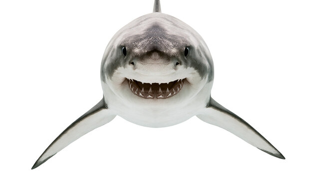 Great white shark head front view with open mouth and sharp teeth