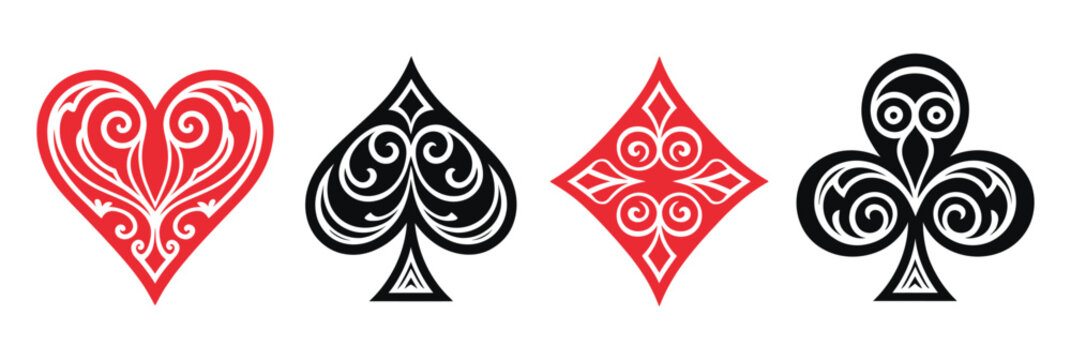 Playing Card Suit Symbols with elegant floral heart, spade, diamond and club designs for casino, gaming and ornamental graphics.