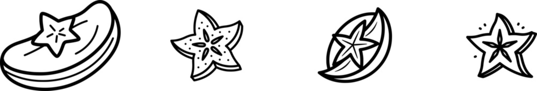 A minimalist black outline icon of a single slice of starfruit with uniform lines, isolated on a pure white background