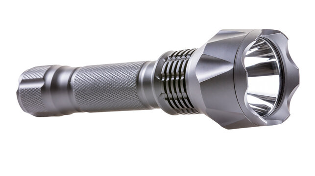 Silver metal tactical flashlight with textured grip and faceted head