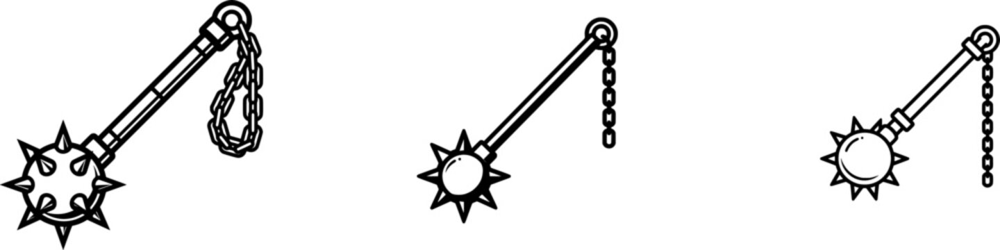 A minimalist black outline icon of a medieval spiked ball flail weapon with thick uniform lines, isolated on a pure white background in a flat vector style