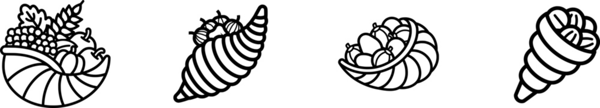 A minimalist black outline icon of a spiraled overflowing autumn cornucopia, filled with grapes, apples, and wheat stalks, isolated on a pure white background
