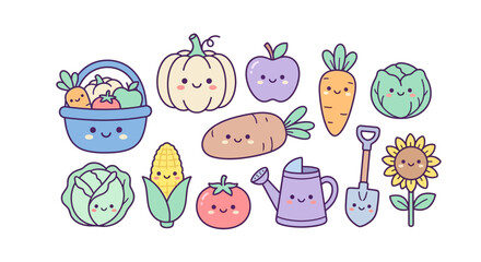 Obraz premium Cute kawaii vegetable character set with gardening accessories.
