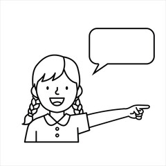Line art illustration of a happy girl with braids pointing to the side with a speech bubble