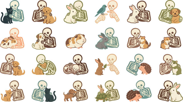 Set of cartoon skeletons hugging various cute pets including cats dogs rabbits and hamsters Vector