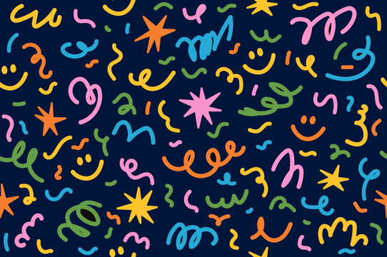 Colorful line doodle seamless pattern. Hand drawn color squiggles, wavy lines.  Children design. Vector