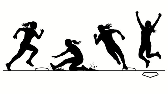 Set of female softball player silhouettes in action.