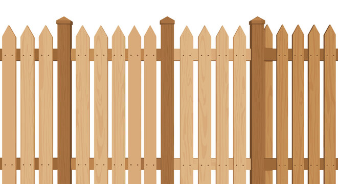 Endless seamless light brown wooden picket fence panel with pointed tips isolated on a solid white background.
