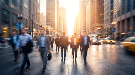 Obraz premium Blurred motion of business people walking down a city street during golden hour with a bright sun flare and busy urban environment