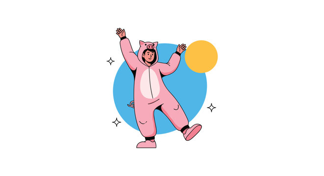 Happy girl wearing a pink pig kigurumi pajama dancing in front of a blue and yellow circular shape background.