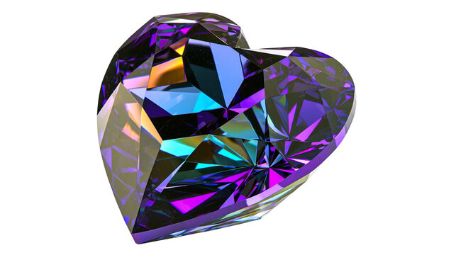 Heart shape faceted gemstone with purple blue, and yellow reflections