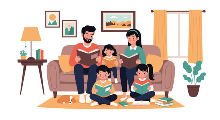 Fototapeta premium Happy family with parents and three children sitting on a cozy sofa in the living room and reading books together.