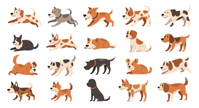 Large grid collection of twenty different cartoon dogs in various poses like running sitting and playing.