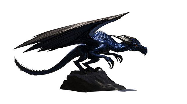 Dark blue dragon with black wings perched on rock