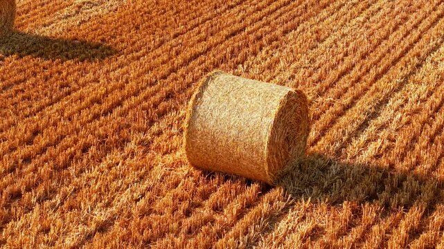 Hay bale crop stubble with parallel harvest rows across farmland. Close agricultural texture with dry straw, long shadows and rural field detail. Livestock feed storage, cereal harvest residue