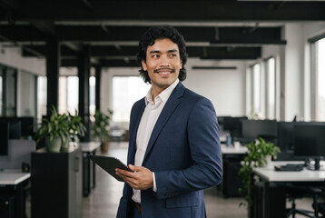 Fototapeta premium Confident smiling businessman holding tablet looking away in office