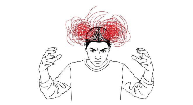 Furious young man clenching his fists while chaotic red scribbles explode around his brain showing extreme anger.