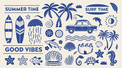 Beach themed vector illustration featuring surfboards palm trees seashells and marine life against a light background surfboard © Fulmala