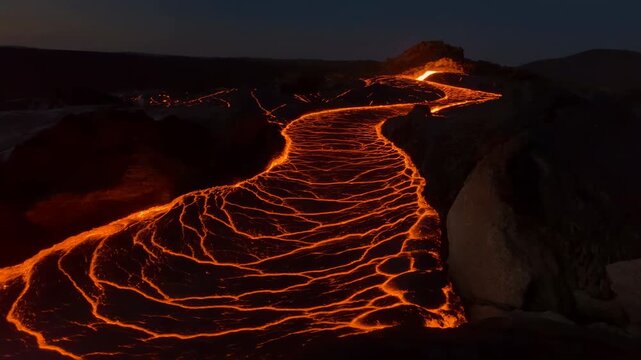 molten lava flowing dramatically in a desert landscape with wide-angle perspective and dramatic and intense mood, featuring igneous rock formations and vibrant orange and red colors.