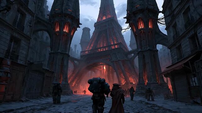 Medieval steampunk street view of Gothic Eiffel Tower.