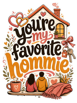 You're My Favorite Hommie cute handwritten typography art with cozy house, key, heart elements, and couple silhouette for customizable print on demand products like mugs, tote bags, and stickers