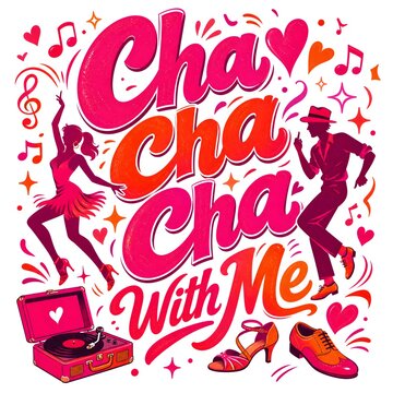 Cha Cha Cha With Me colorful typography design with dancing couple silhouettes, vintage record player, and hearts ideal for print on demand merchandise like tote bags, mugs, stickers, and t-shirts