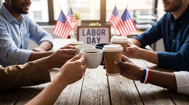 Coworkers celebrating Labor Day with coffee and flags