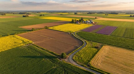 Fototapeta premium Aerial view of colorful agricultural fields and a farmhouse during golden hour