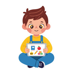 This charming vector illustration depicts a young boy sitting on the floor and happily engaging with an educational app on his tablet.