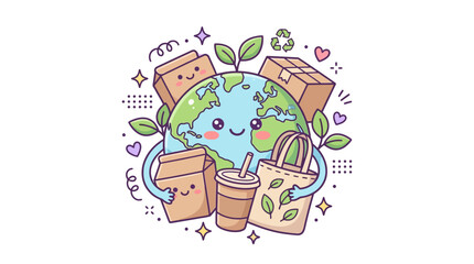 Fototapeta premium Happy Earth character holding eco-friendly recycled products.
