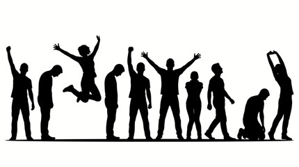 Fototapeta premium Group of diverse people silhouettes expressing different emotions and poses.