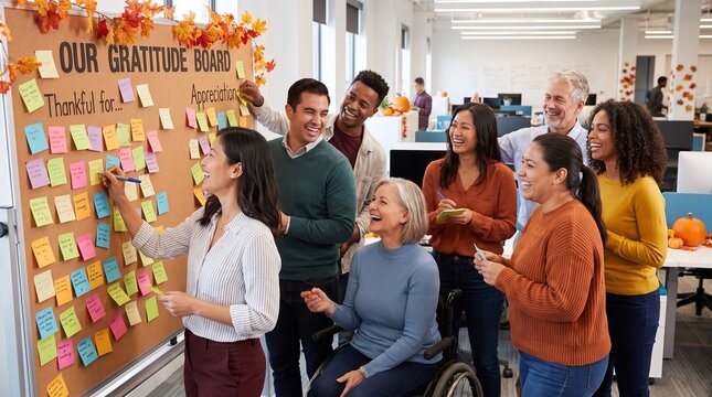Joyful office team adding notes to a large gratitude board