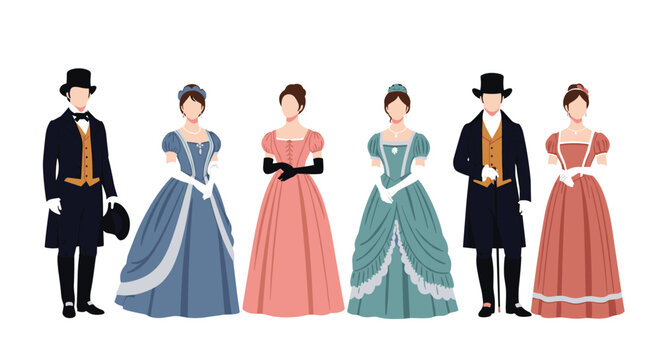 Group of men and women dressed in elegant Victorian style historical costumes, showing classic ball gowns and suits.