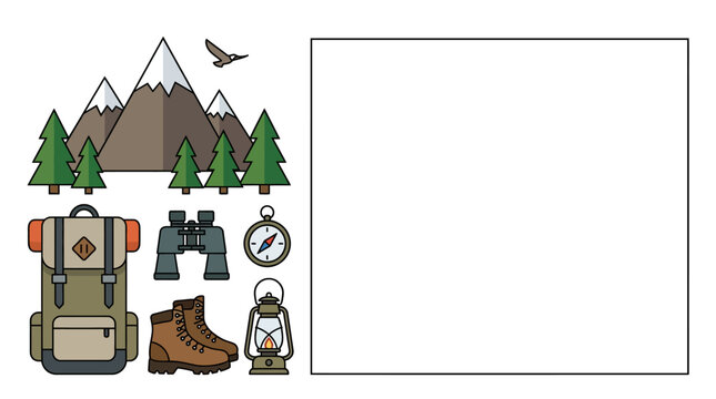 Hiking and camping gear icons with photo frame.