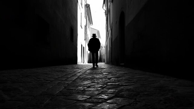 Silhouetted figure walking through narrow cobblestone alley toward bright sunlit opening, with high contrast monochrome tones, historic facades, balcony details, deep perspective, and quiet urban