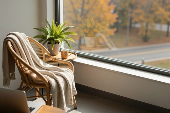 cozy autumn chair with blanket and plant by window overlooking fall scenery in city apartment