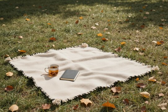 cozy autumn picnic setup on grassy field with tea cup and book surrounded by fallen leaves