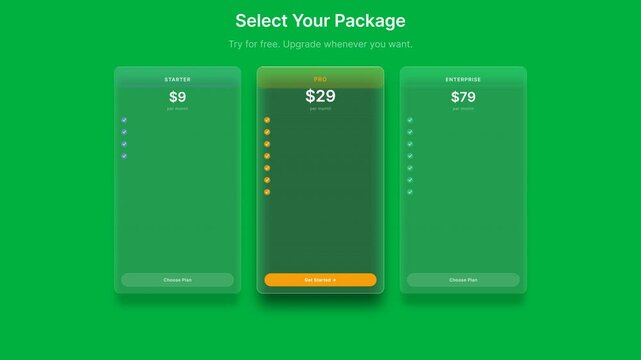 glassmorphic pricing table with three plans, green theme, digital subscription options for website