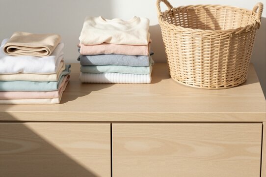 neatly folded clothes on wooden dresser next to empty wicker basket in bright sunlit room