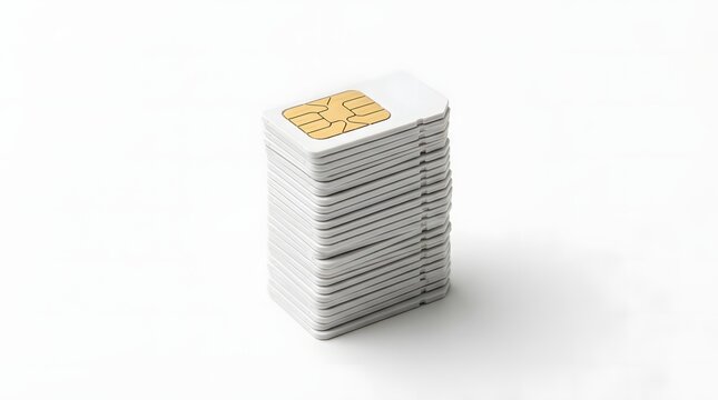 Minimal composition of stacked SIM cards representing mass production, mobile connectivity, and telecom industry concept.