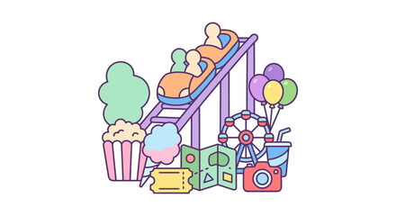 Naklejka premium Kawaii amusement park and fairground scene.