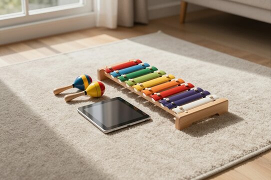 colorful xylophone and maracas on carpet with tablet in bright sunlit living room