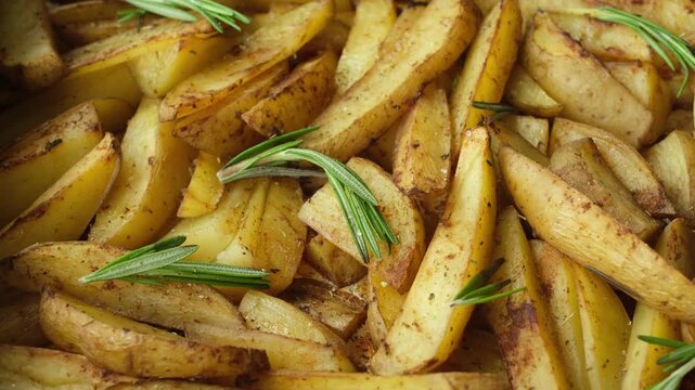 Sliced baked potatoes with rosemary. Food background