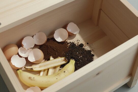 wooden compost bin with eggshells, banana peels, and coffee grounds illustrating eco-friendly waste