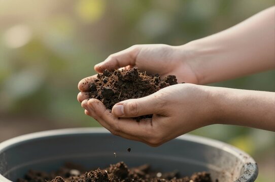 person holding rich soil over plant pot in garden on sunny day, concept of gardening and nature