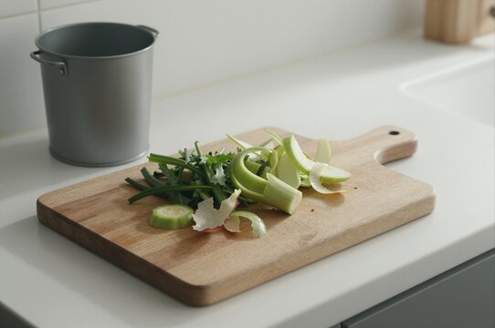 fresh vegetable peels and scraps on a wooden cutting board in a modern kitchen