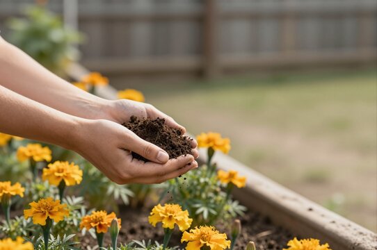 hands nurturing soil above vibrant yellow marigolds in a garden bed emphasizing gardening passion